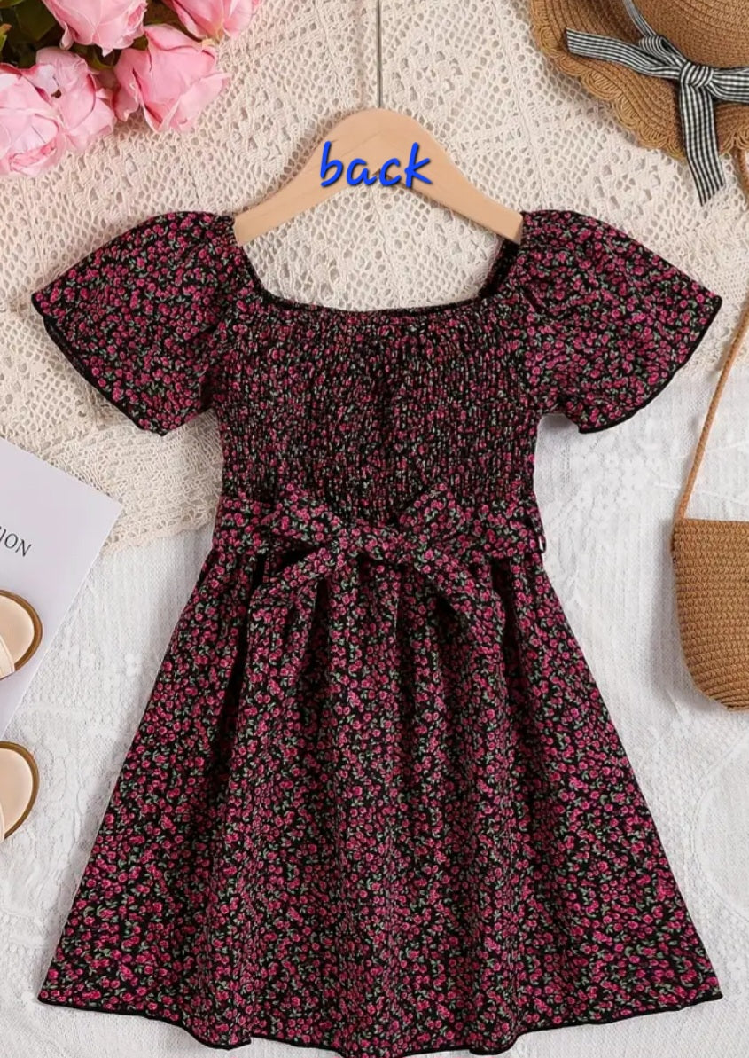 Girls Dress Shired Bodice Puff Sleeves Square Neckline