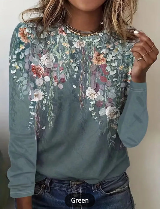 Women's long sleeve floral leafy green top