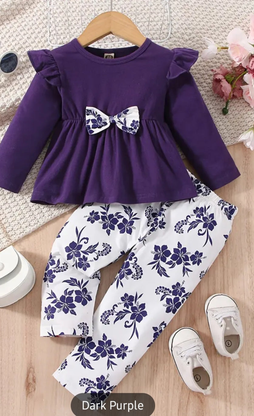 Toddler 2 piece top and flower print pant Purple Cotton