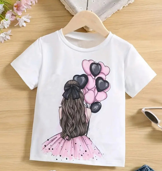 Girls and Toddler size Top with girl and balloons graphic short sleeve
